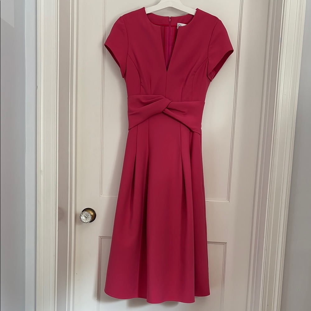 Oscar de la Renta split neck twist detail wool blend midi dress in Geranium
